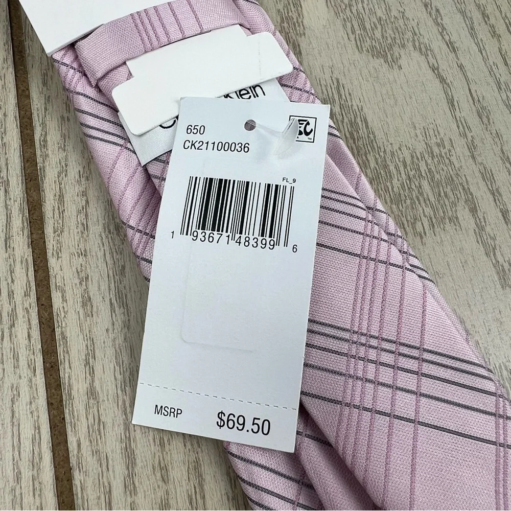 591 - Calvin Klein Tie 650 Pink Plaid CK21100036 Silk Blend MSRP $69.50